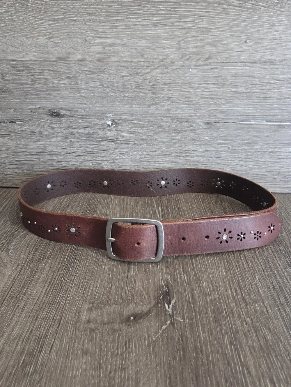 Aeropostale Brown Leather Western Boho Flower Rhinestone Belt 38.5